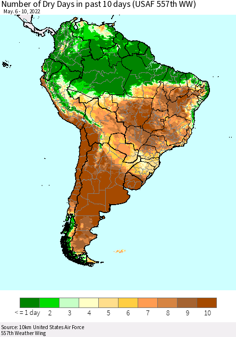 South America Number of Dry Days in past 10 days (USAF 557th WW) Thematic Map For 5/6/2022 - 5/10/2022