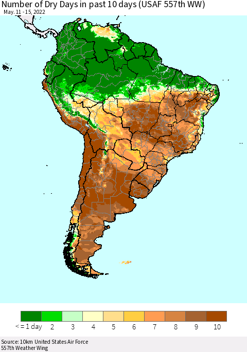 South America Number of Dry Days in past 10 days (USAF 557th WW) Thematic Map For 5/11/2022 - 5/15/2022