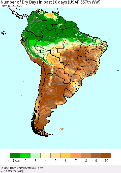 South America Number of Dry Days in past 10 days (USAF 557th WW) Thematic Map For 5/16/2022 - 5/20/2022