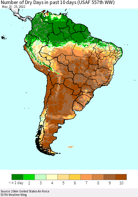 South America Number of Dry Days in past 10 days (USAF 557th WW) Thematic Map For 5/21/2022 - 5/25/2022