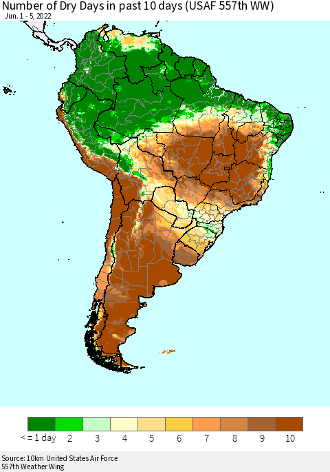 South America Number of Dry Days in past 10 days (USAF 557th WW) Thematic Map For 6/1/2022 - 6/5/2022