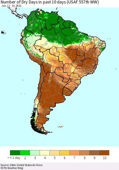 South America Number of Dry Days in past 10 days (USAF 557th WW) Thematic Map For 6/11/2022 - 6/15/2022