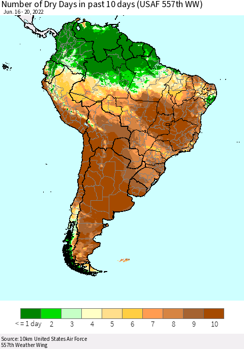South America Number of Dry Days in past 10 days (USAF 557th WW) Thematic Map For 6/16/2022 - 6/20/2022