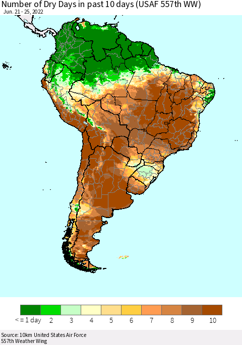 South America Number of Dry Days in past 10 days (USAF 557th WW) Thematic Map For 6/21/2022 - 6/25/2022