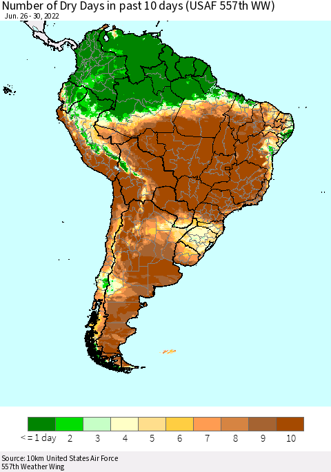 South America Number of Dry Days in past 10 days (USAF 557th WW) Thematic Map For 6/26/2022 - 6/30/2022