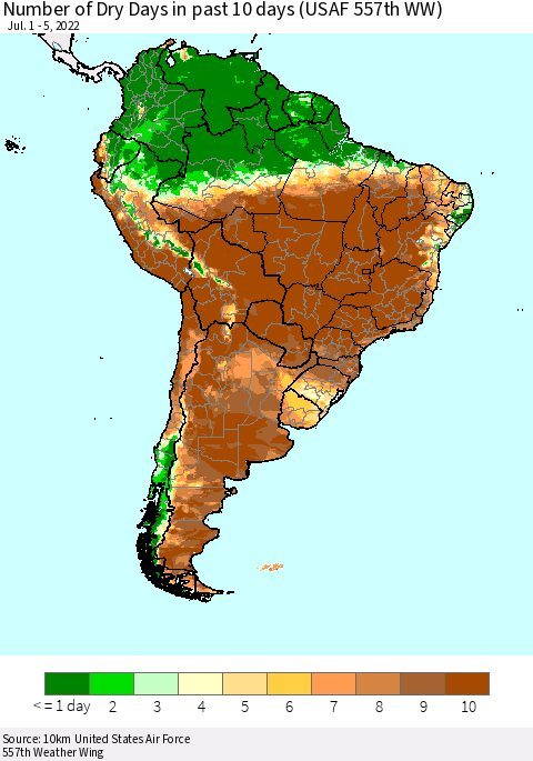 South America Number of Dry Days in past 10 days (USAF 557th WW) Thematic Map For 7/1/2022 - 7/5/2022