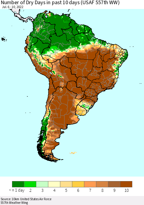 South America Number of Dry Days in past 10 days (USAF 557th WW) Thematic Map For 7/6/2022 - 7/10/2022