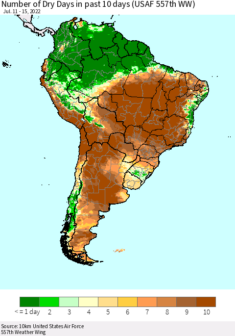 South America Number of Dry Days in past 10 days (USAF 557th WW) Thematic Map For 7/11/2022 - 7/15/2022