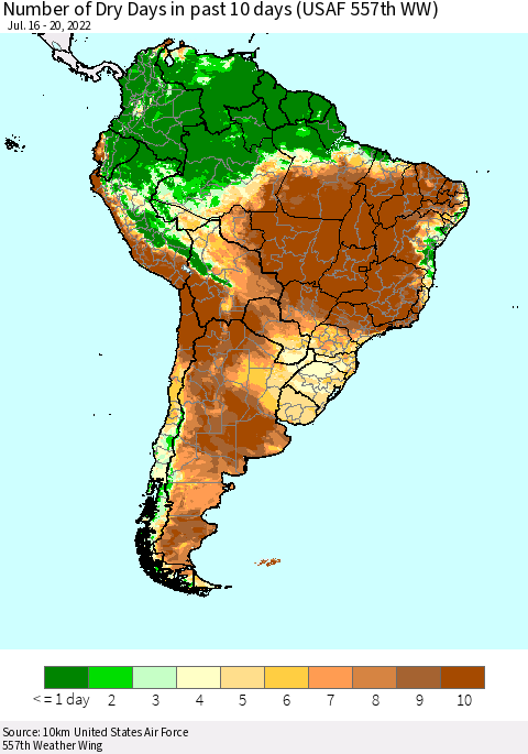South America Number of Dry Days in past 10 days (USAF 557th WW) Thematic Map For 7/16/2022 - 7/20/2022