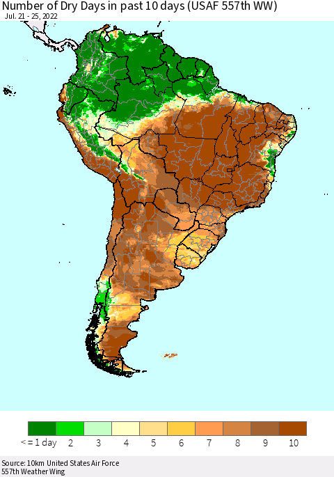 South America Number of Dry Days in past 10 days (USAF 557th WW) Thematic Map For 7/21/2022 - 7/25/2022