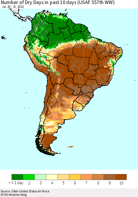 South America Number of Dry Days in past 10 days (USAF 557th WW) Thematic Map For 7/26/2022 - 7/31/2022
