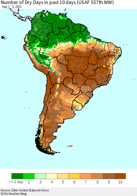 South America Number of Dry Days in past 10 days (USAF 557th WW) Thematic Map For 8/1/2022 - 8/5/2022