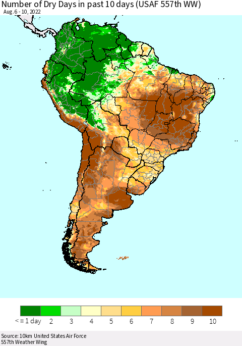 South America Number of Dry Days in past 10 days (USAF 557th WW) Thematic Map For 8/6/2022 - 8/10/2022