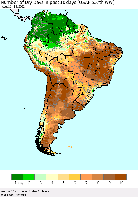 South America Number of Dry Days in past 10 days (USAF 557th WW) Thematic Map For 8/11/2022 - 8/15/2022