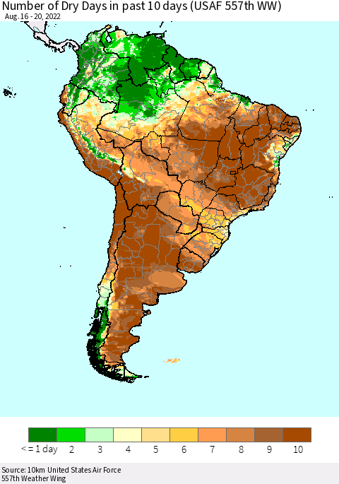 South America Number of Dry Days in past 10 days (USAF 557th WW) Thematic Map For 8/16/2022 - 8/20/2022