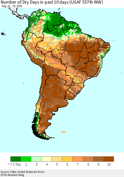 South America Number of Dry Days in past 10 days (USAF 557th WW) Thematic Map For 8/21/2022 - 8/25/2022