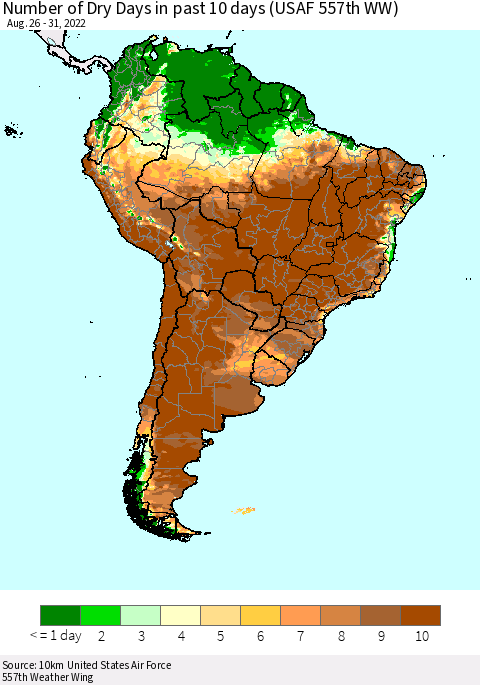 South America Number of Dry Days in past 10 days (USAF 557th WW) Thematic Map For 8/26/2022 - 8/31/2022