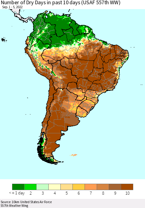 South America Number of Dry Days in past 10 days (USAF 557th WW) Thematic Map For 9/1/2022 - 9/5/2022