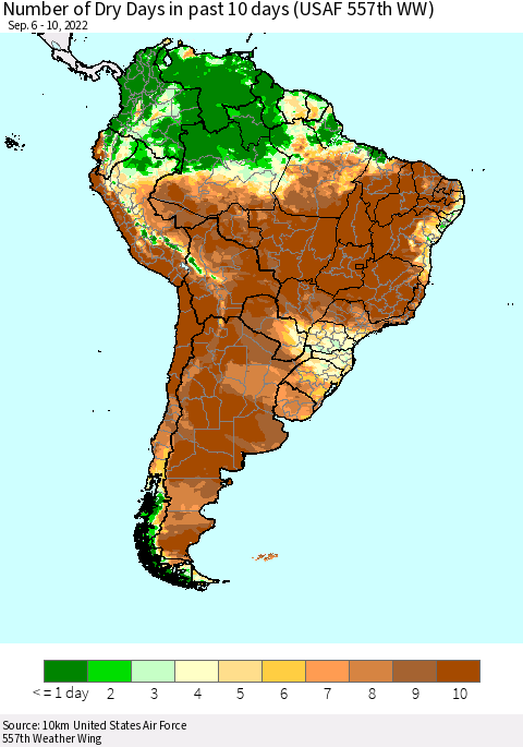 South America Number of Dry Days in past 10 days (USAF 557th WW) Thematic Map For 9/6/2022 - 9/10/2022