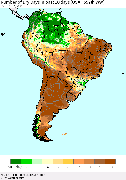 South America Number of Dry Days in past 10 days (USAF 557th WW) Thematic Map For 9/11/2022 - 9/15/2022