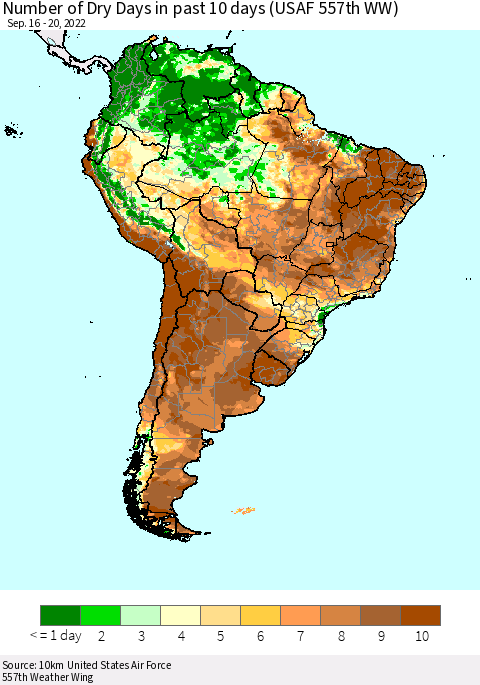 South America Number of Dry Days in past 10 days (USAF 557th WW) Thematic Map For 9/16/2022 - 9/20/2022