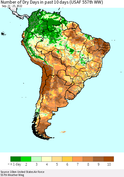 South America Number of Dry Days in past 10 days (USAF 557th WW) Thematic Map For 9/21/2022 - 9/25/2022