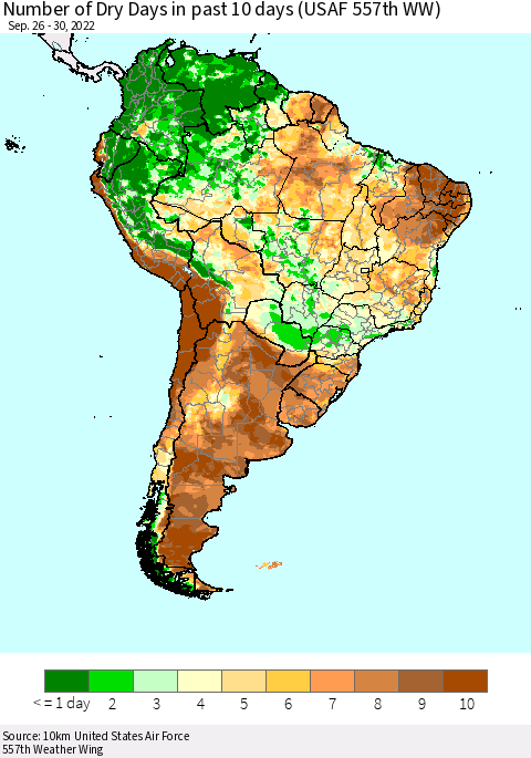 South America Number of Dry Days in past 10 days (USAF 557th WW) Thematic Map For 9/26/2022 - 9/30/2022