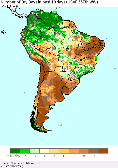 South America Number of Dry Days in past 10 days (USAF 557th WW) Thematic Map For 10/1/2022 - 10/5/2022