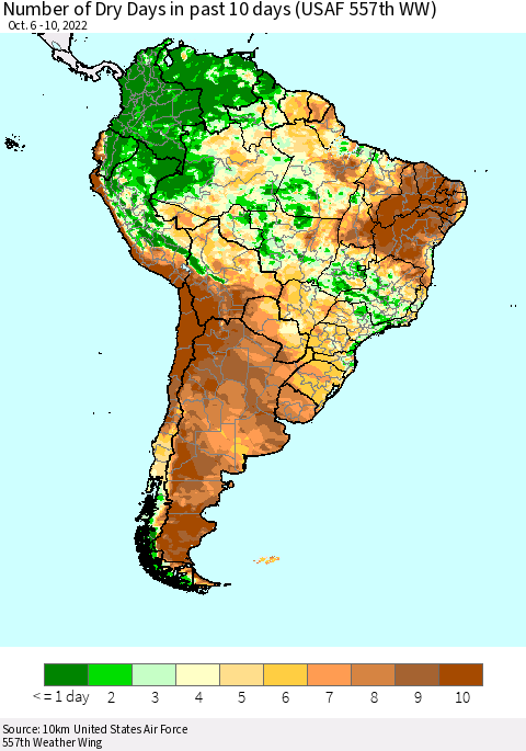 South America Number of Dry Days in past 10 days (USAF 557th WW) Thematic Map For 10/6/2022 - 10/10/2022