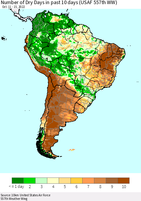 South America Number of Dry Days in past 10 days (USAF 557th WW) Thematic Map For 10/11/2022 - 10/15/2022