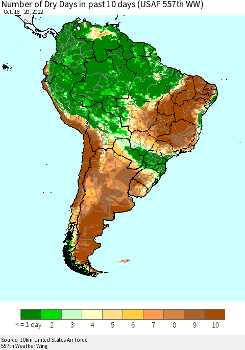South America Number of Dry Days in past 10 days (USAF 557th WW) Thematic Map For 10/16/2022 - 10/20/2022