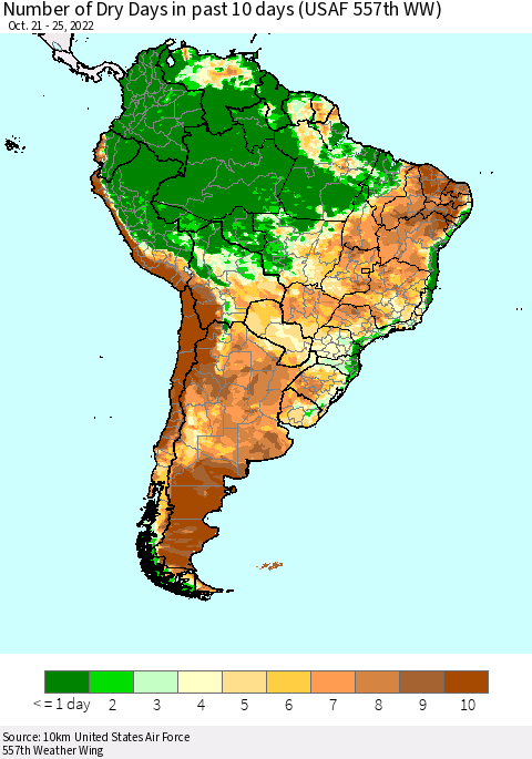 South America Number of Dry Days in past 10 days (USAF 557th WW) Thematic Map For 10/21/2022 - 10/25/2022