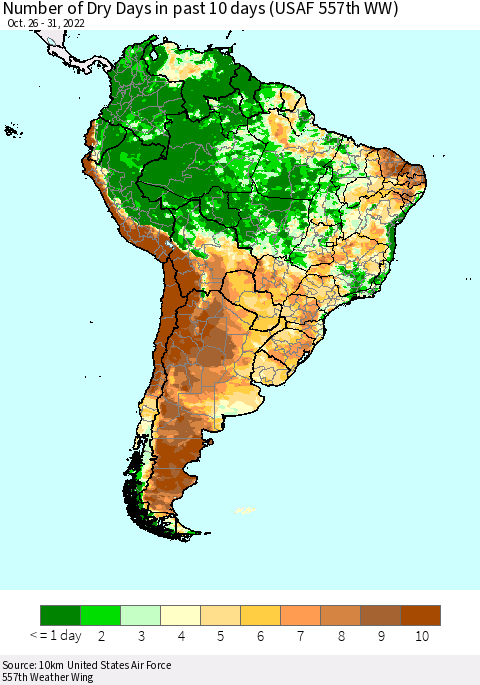 South America Number of Dry Days in past 10 days (USAF 557th WW) Thematic Map For 10/26/2022 - 10/31/2022