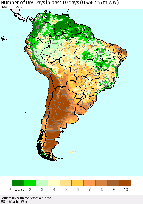 South America Number of Dry Days in past 10 days (USAF 557th WW) Thematic Map For 11/1/2022 - 11/5/2022