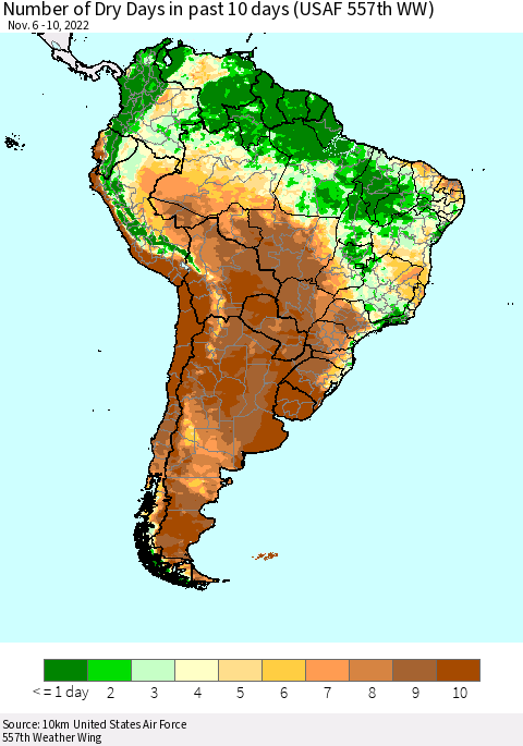 South America Number of Dry Days in past 10 days (USAF 557th WW) Thematic Map For 11/6/2022 - 11/10/2022