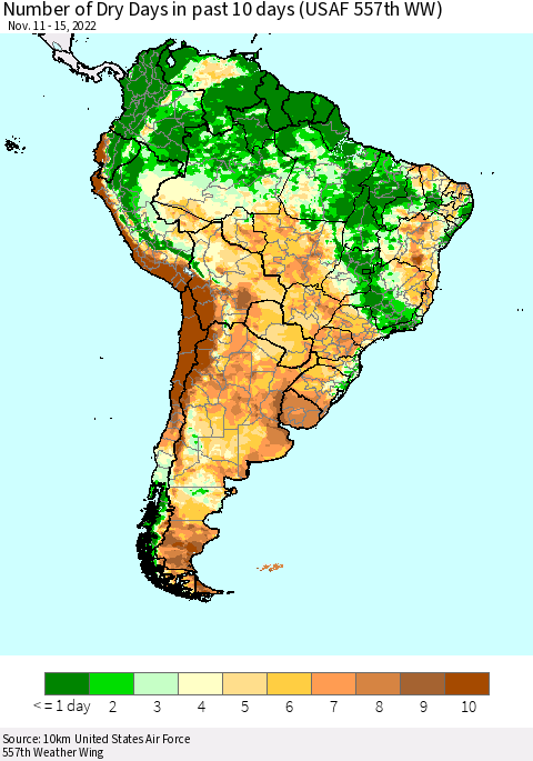 South America Number of Dry Days in past 10 days (USAF 557th WW) Thematic Map For 11/11/2022 - 11/15/2022
