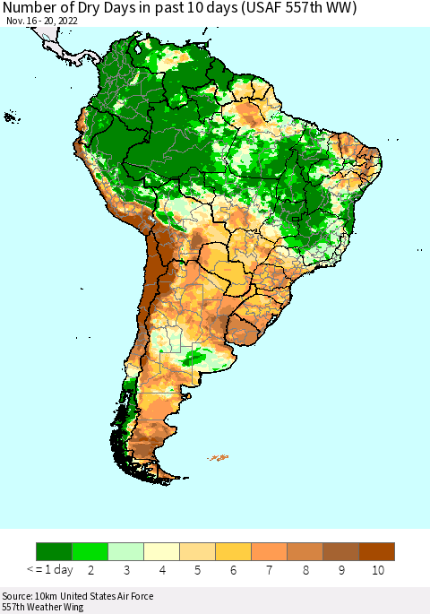 South America Number of Dry Days in past 10 days (USAF 557th WW) Thematic Map For 11/16/2022 - 11/20/2022