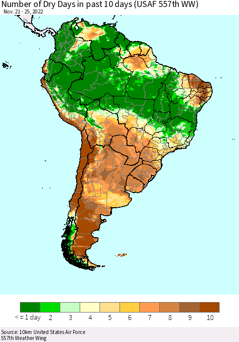 South America Number of Dry Days in past 10 days (USAF 557th WW) Thematic Map For 11/21/2022 - 11/25/2022