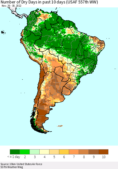 South America Number of Dry Days in past 10 days (USAF 557th WW) Thematic Map For 11/26/2022 - 11/30/2022