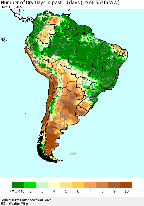 South America Number of Dry Days in past 10 days (USAF 557th WW) Thematic Map For 12/1/2022 - 12/5/2022