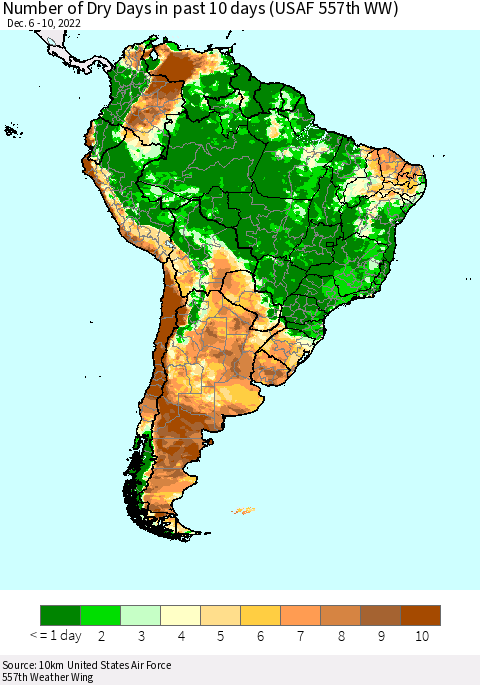 South America Number of Dry Days in past 10 days (USAF 557th WW) Thematic Map For 12/6/2022 - 12/10/2022