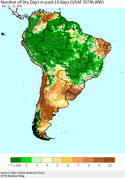 South America Number of Dry Days in past 10 days (USAF 557th WW) Thematic Map For 12/11/2022 - 12/15/2022