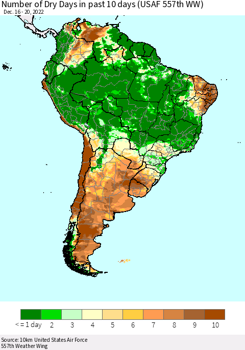South America Number of Dry Days in past 10 days (USAF 557th WW) Thematic Map For 12/16/2022 - 12/20/2022