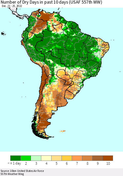 South America Number of Dry Days in past 10 days (USAF 557th WW) Thematic Map For 12/21/2022 - 12/25/2022