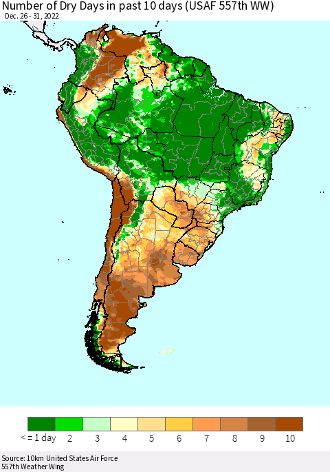 South America Number of Dry Days in past 10 days (USAF 557th WW) Thematic Map For 12/26/2022 - 12/31/2022