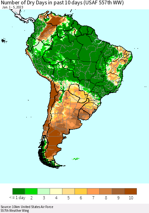 South America Number of Dry Days in past 10 days (USAF 557th WW) Thematic Map For 1/1/2023 - 1/5/2023