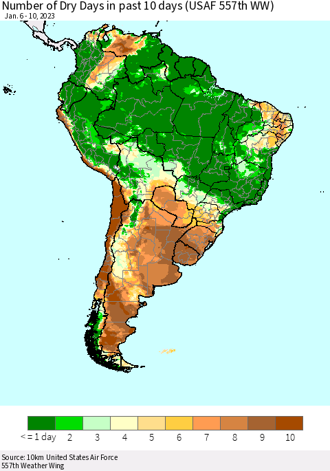 South America Number of Dry Days in past 10 days (USAF 557th WW) Thematic Map For 1/6/2023 - 1/10/2023