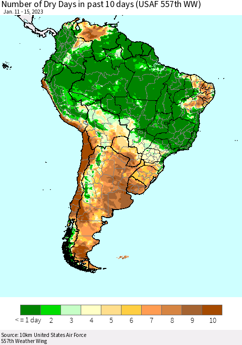South America Number of Dry Days in past 10 days (USAF 557th WW) Thematic Map For 1/11/2023 - 1/15/2023