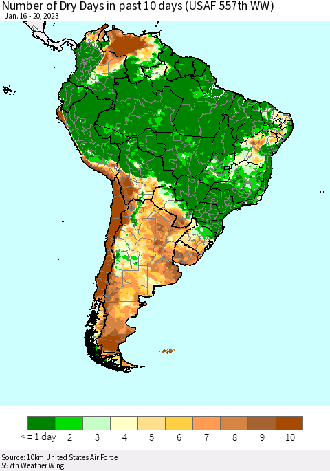 South America Number of Dry Days in past 10 days (USAF 557th WW) Thematic Map For 1/16/2023 - 1/20/2023