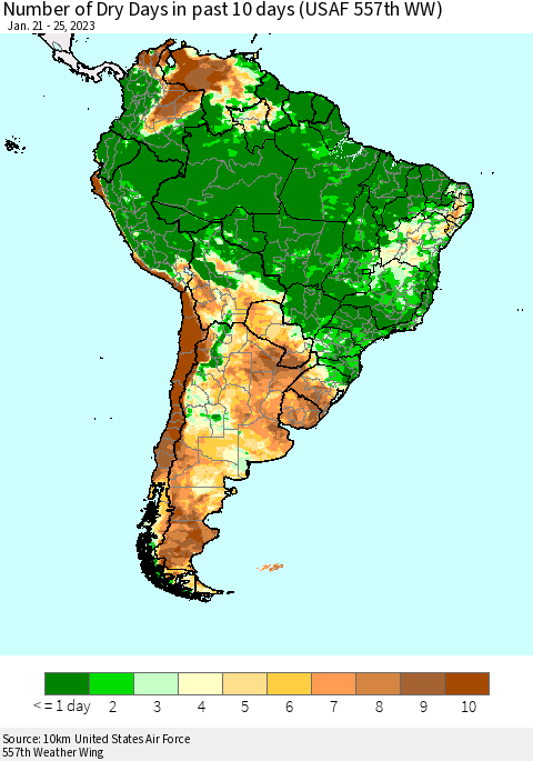 South America Number of Dry Days in past 10 days (USAF 557th WW) Thematic Map For 1/21/2023 - 1/25/2023